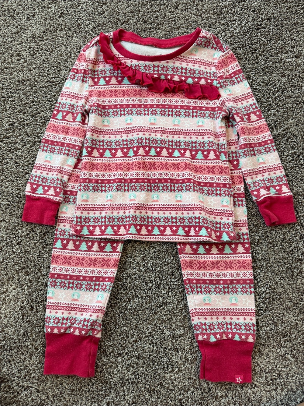 American Girl Red Fair Isle Ruffle Pajama Set with Mint Accents